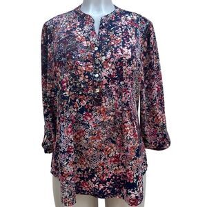 NWOT Roz & Ali Pleated Blouse Womens Large Multicolor Floral Pintuck Roll Sleeve
